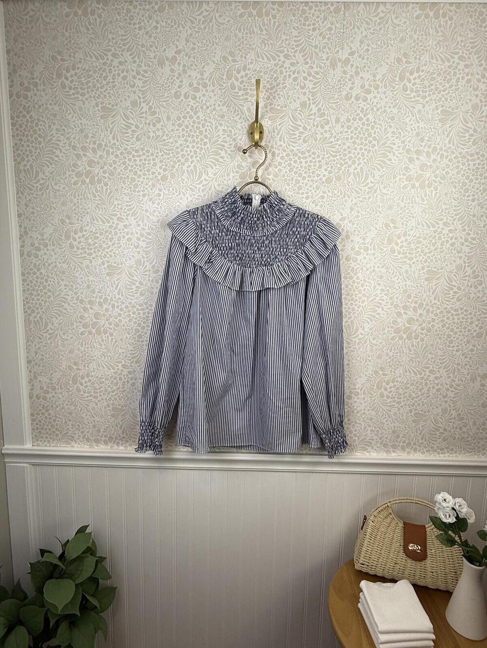 Sail to Sable Blue & White Stripe 100% Cotton Smocked Ruffle Top - Size - Medium
